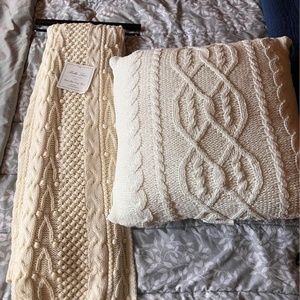 Hand Knit White Throw and Pillow